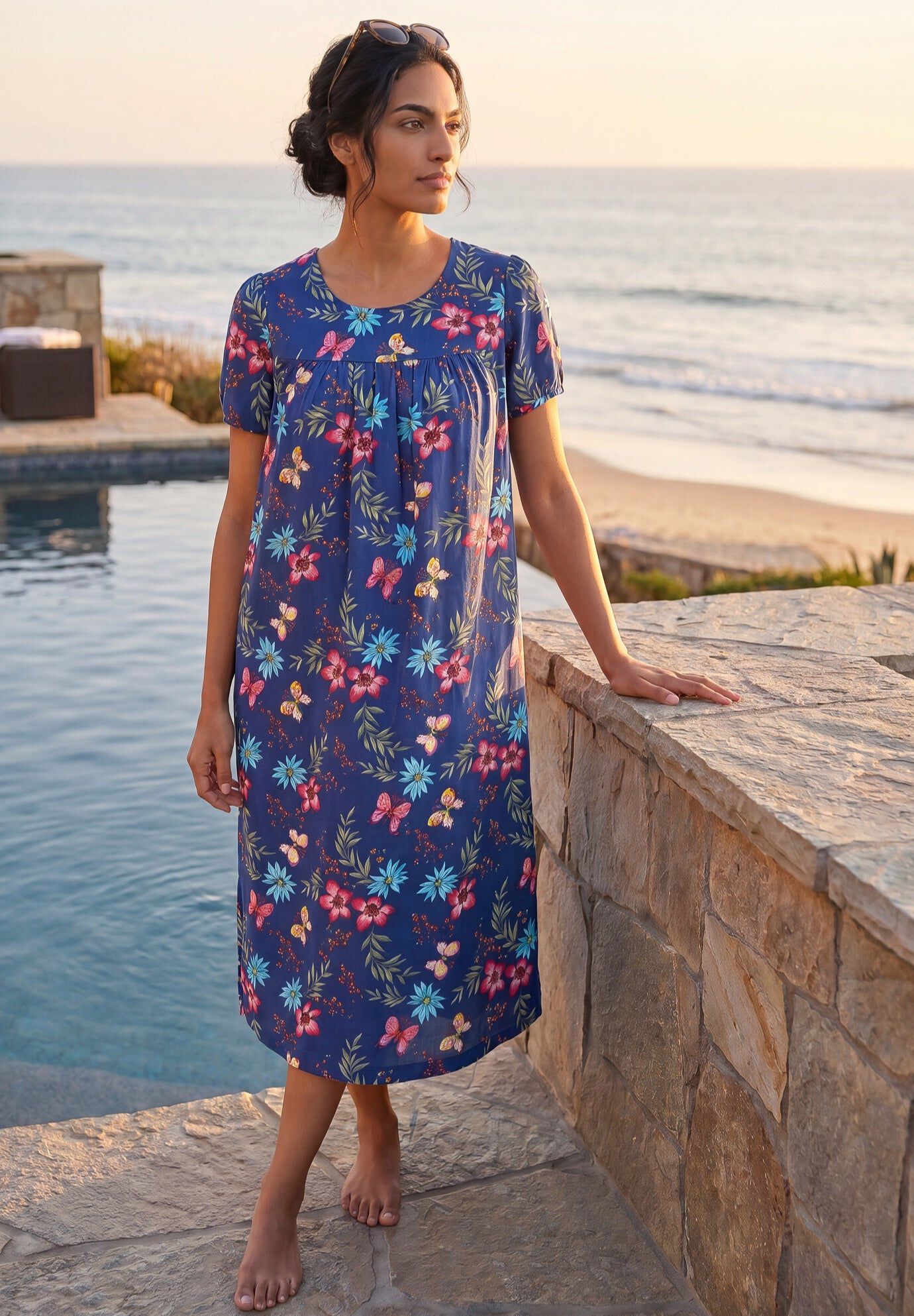 Short Print Shirred Lounger, DARK NAVY BUTTERFLY, hi-res image number 0