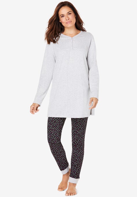 Henley Tunic & Jogger PJ Set, BLACK MULTI DOT, hi-res image number null