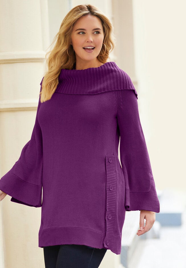 Cowl Neck Sweater With Button Accents, PLUM PURPLE, hi-res image number null