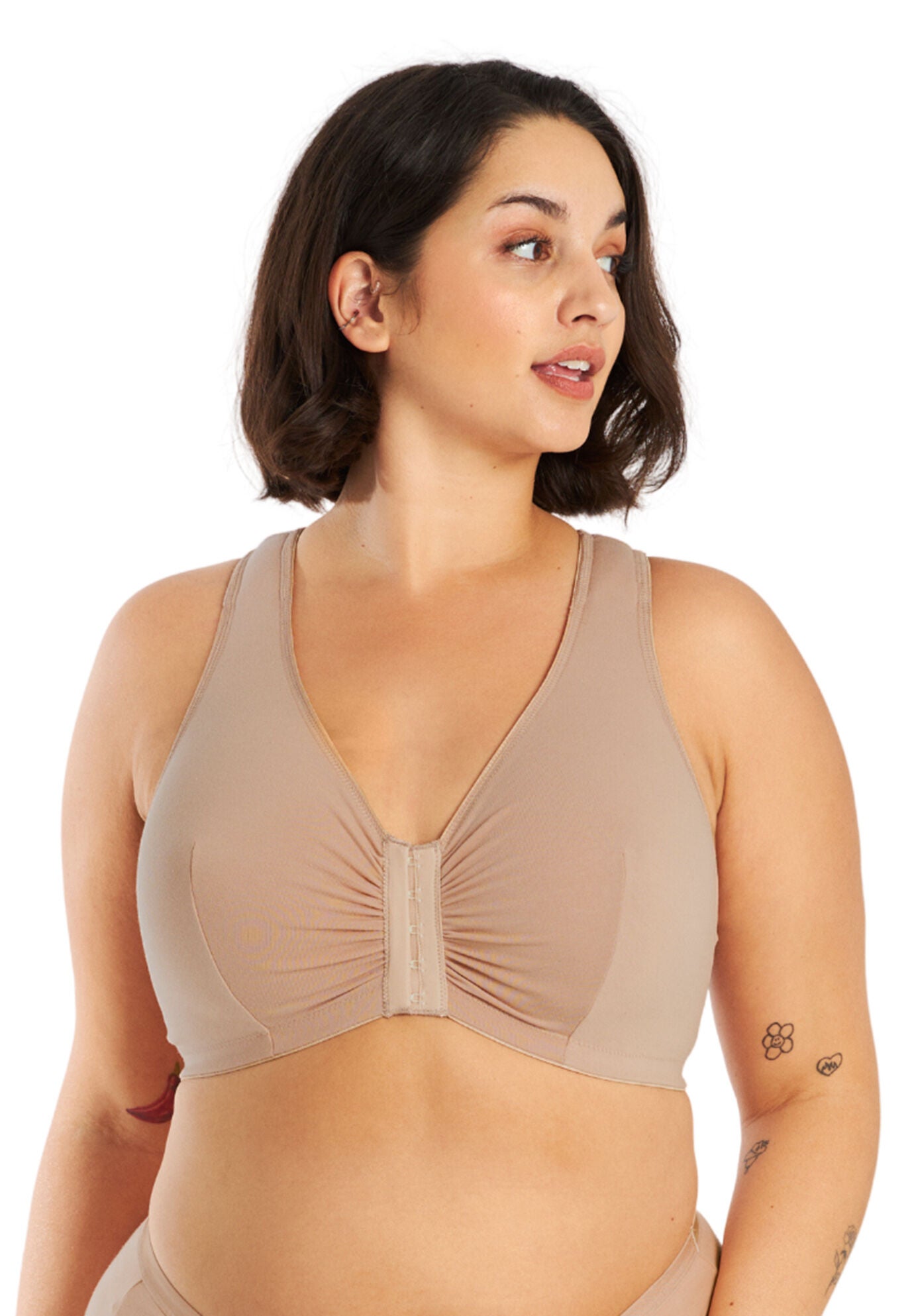 The Indy - Cotton Front-Closure Lace Racerback Bra, SAND, hi-res image number 0