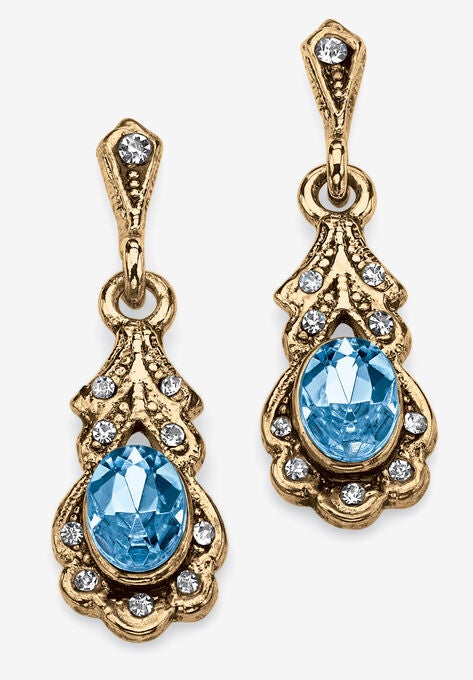 Gold Tone Antiqued Oval Cut Simulated Birthstone Vintage Style Drop Earrings, MARCH, hi-res image number null