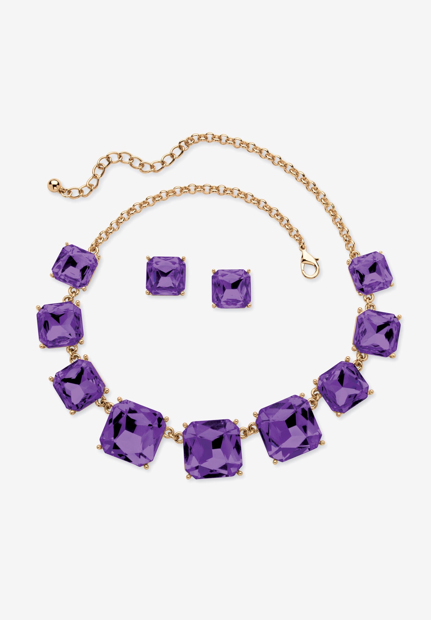 Gold Tone Necklace and Earring Set, Princess Cut Simulated Birthstones, FEBRUARY, hi-res image number 0