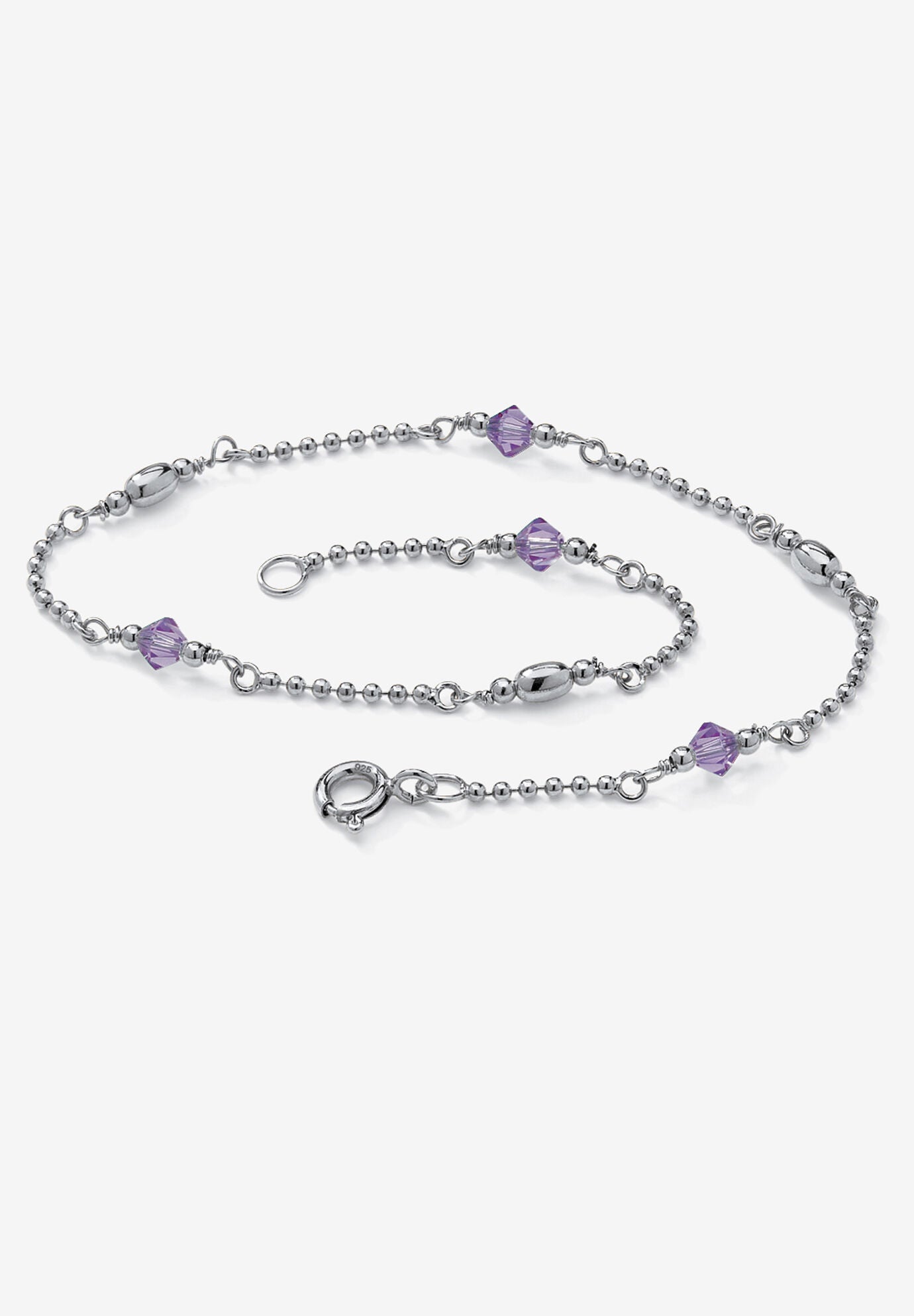 Platinum Plated Silver Ankle Bracelet (2Mm), Round Simulated Birthstone 11 Inches, FEBRUARY, hi-res image number 0