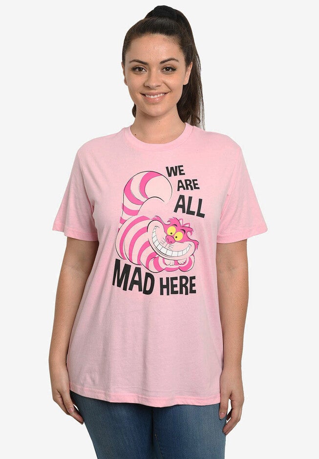 Disney Women's Cheshire Cat Alice in Wonderland "We Are All Mad Here" T-Shirt Pink, PINK, hi-res image number 0