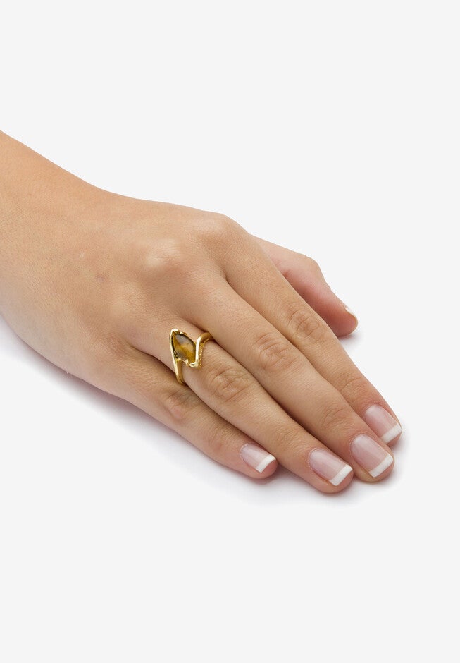 Yellow Gold-Plated Genuine Brown Tiger'S Eye Bypass Ring, , alternate image number 2