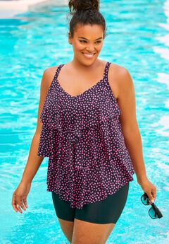 Longer-Length V-Neck Tiered-Ruffle Tummy Control Tankini Top
