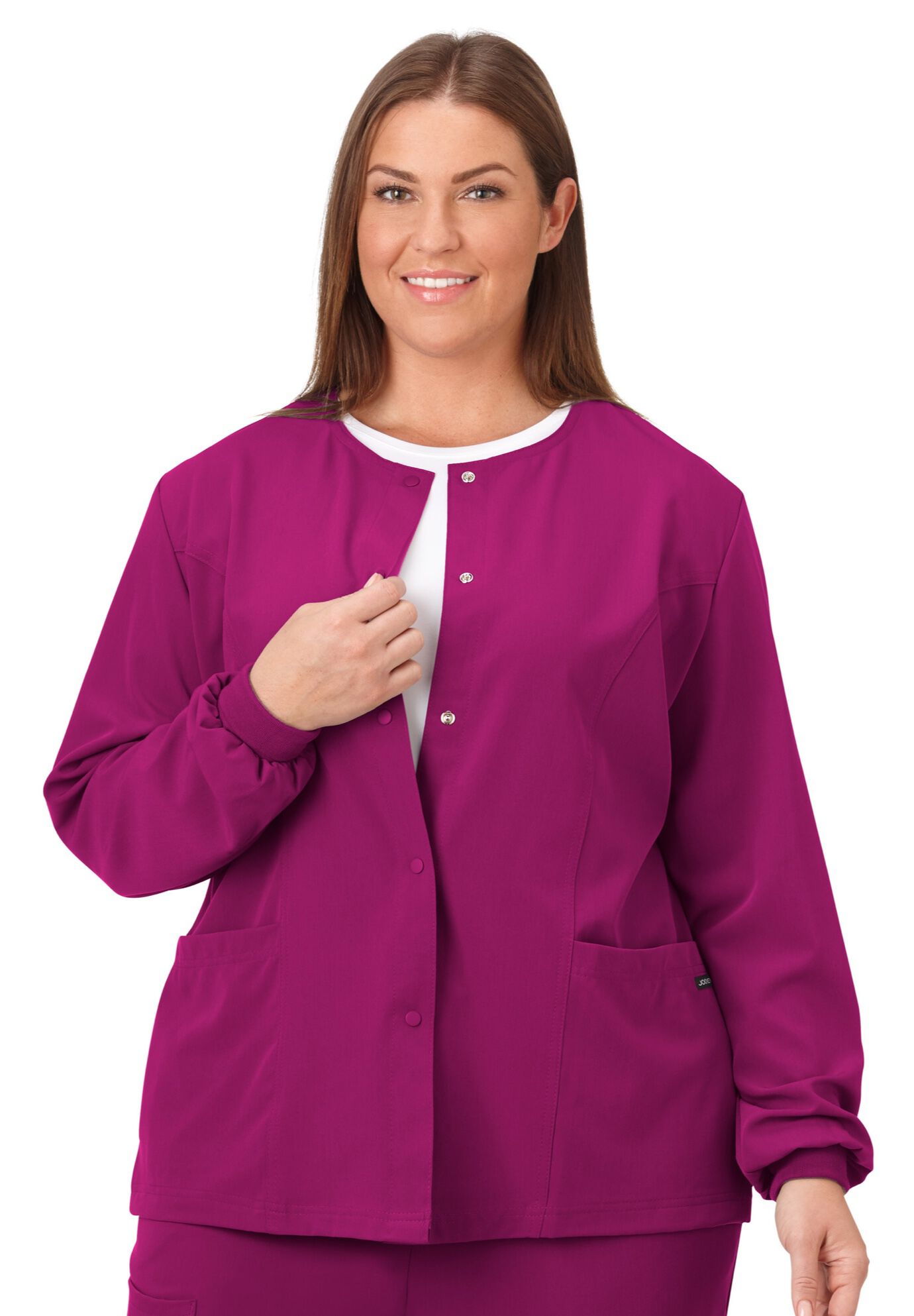 Jockey Scrubs Women&#39;s Snap to it Warm-Up Jacket, PLUM BERRY, hi-res image number 0