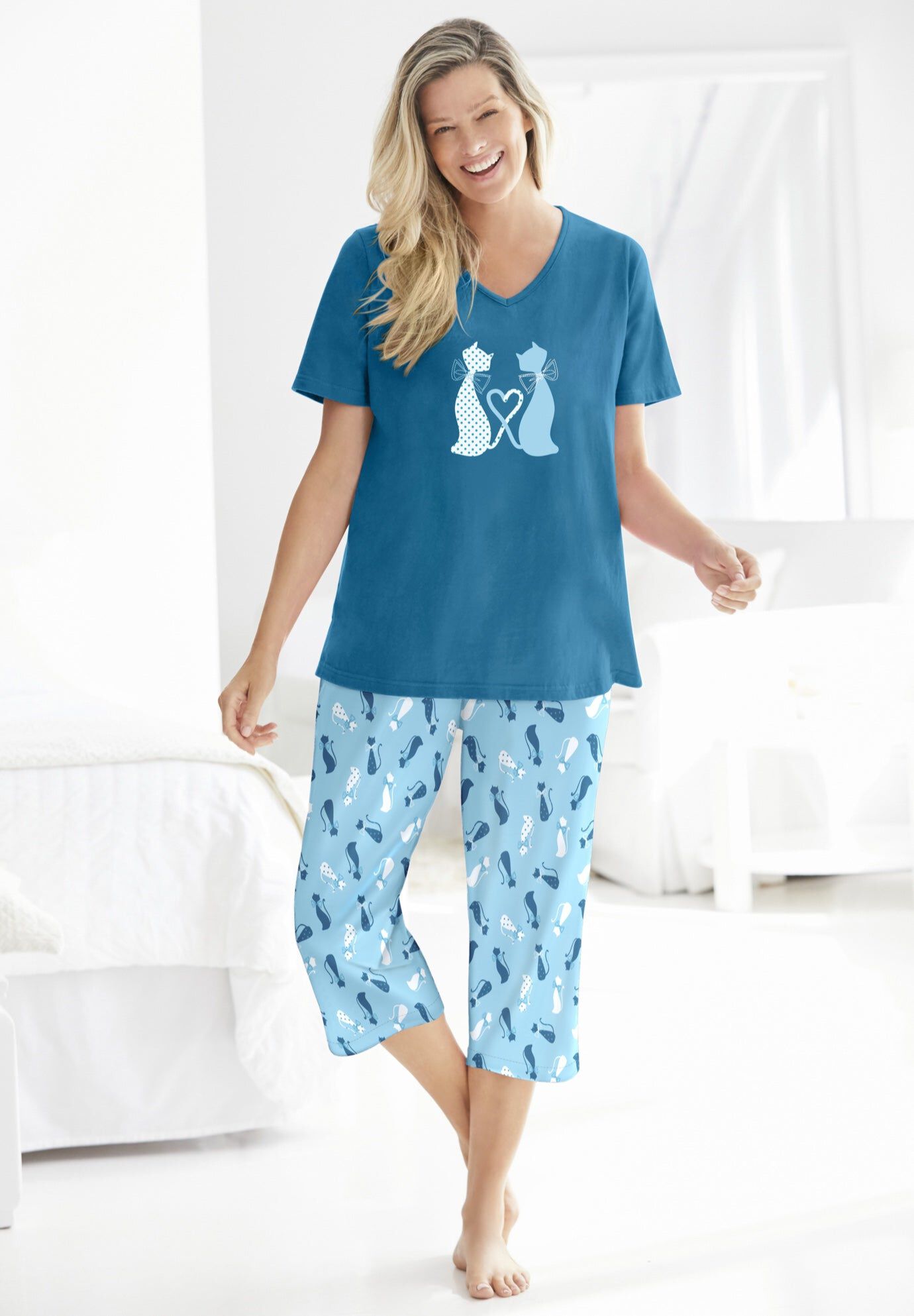 2-Piece Capri PJ Set, DEEP TEAL CAT, hi-res image number 0