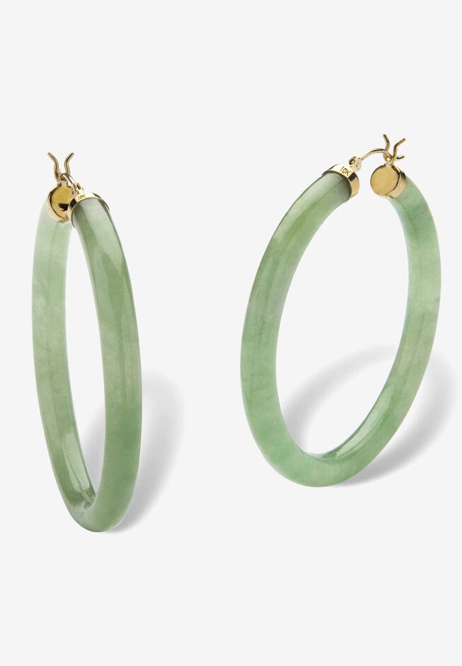 10K Yellow Gold Hoop Earrings (45Mm) Round Genuine Green Jade, JADE, hi-res image number 0