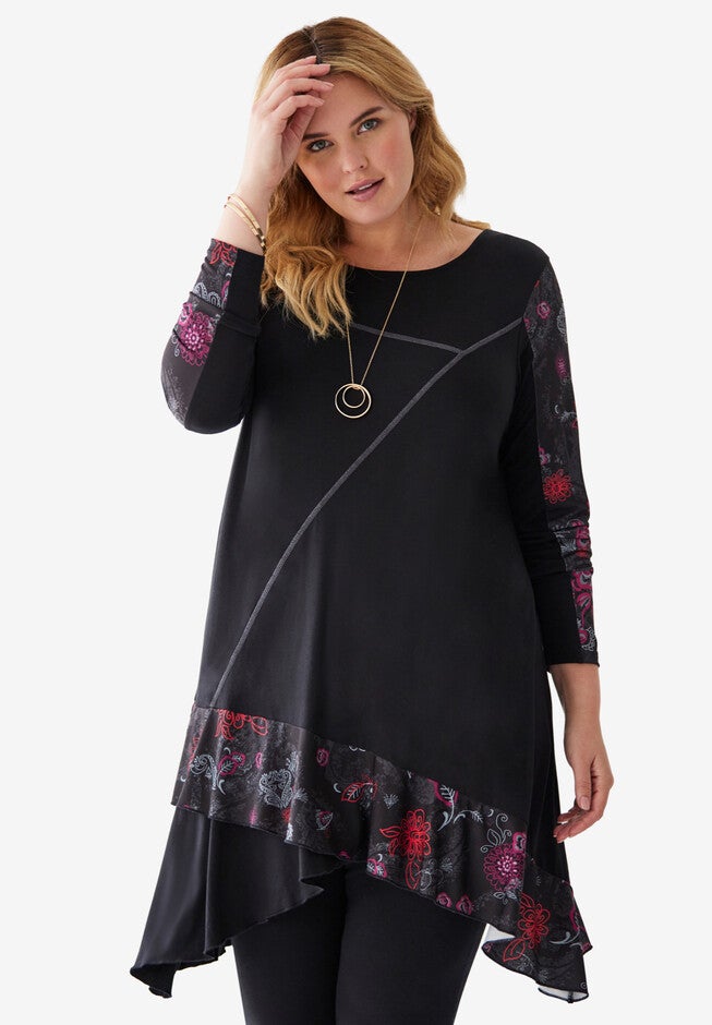 Asymmetric Tunic, BLACK STAMP FLORAL, hi-res image number null