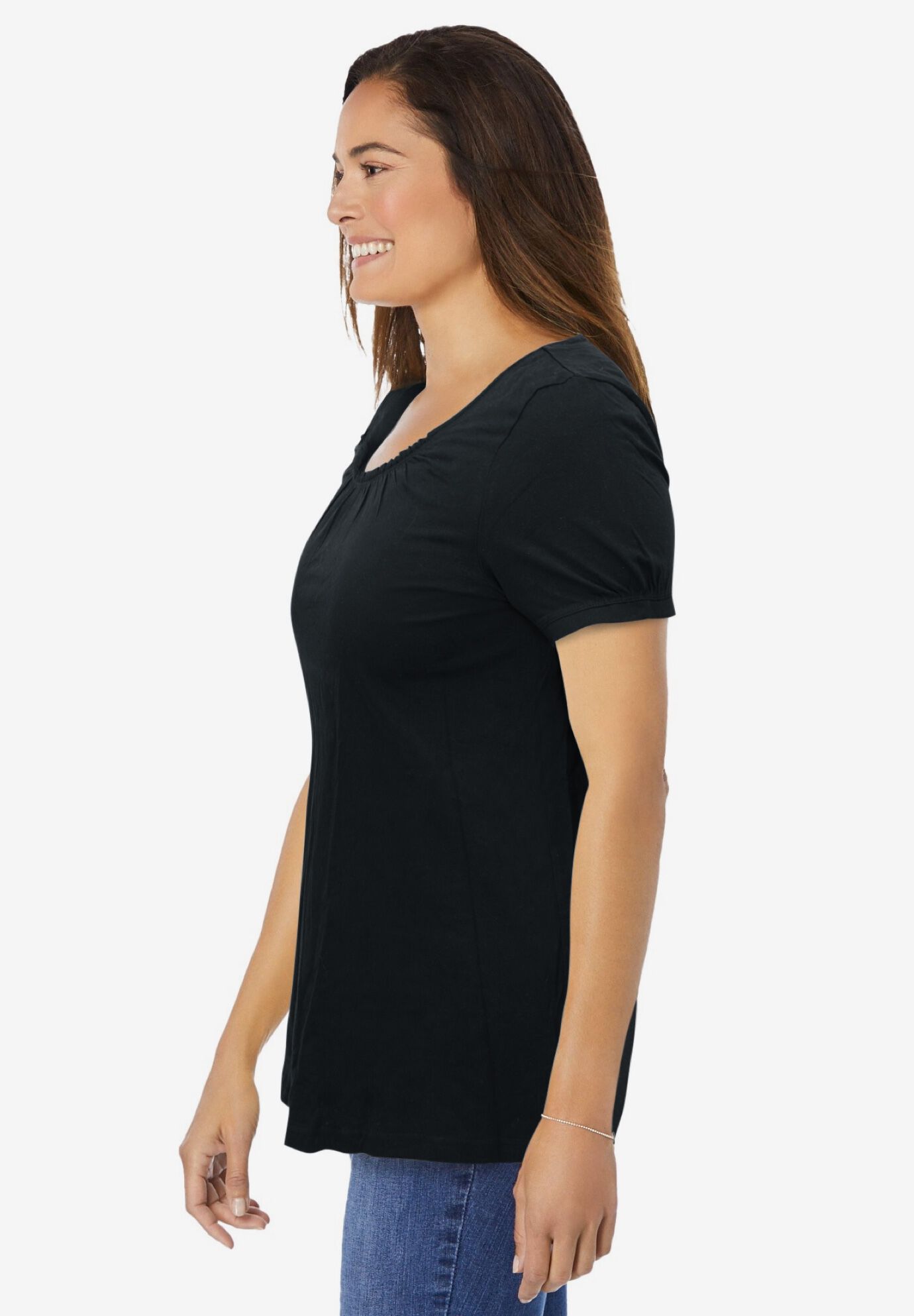 Perfect Short-Sleeve Shirred U-Neck Tunic, BLACK, alternate image number 2