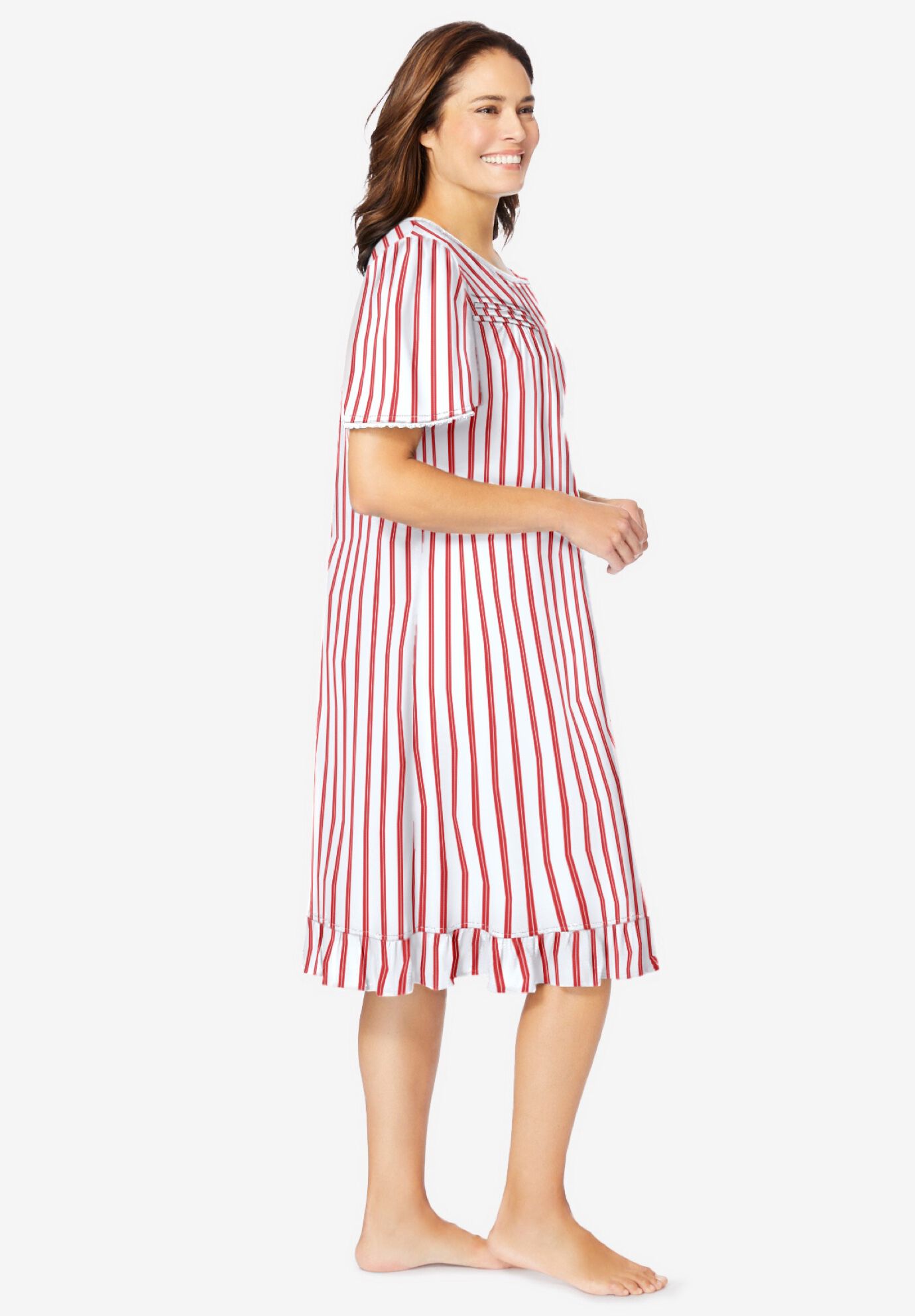 Short Floral Print Cotton Gown, RED WHITE STRIPE, alternate image number 2