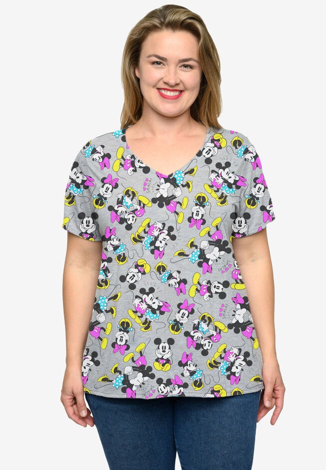 Minnie Mickey Mouse Love V-Neck T-Shirt All-Over Print Gray, GREY, hi-res image number 0