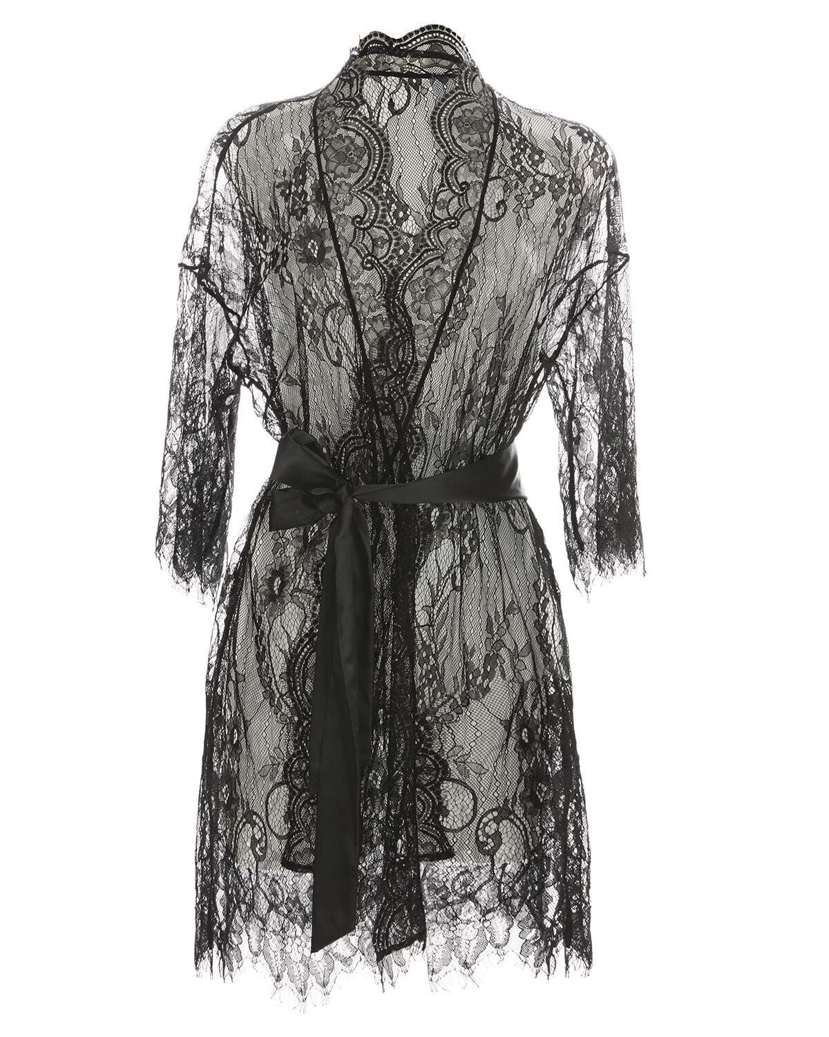 Women's Nathalie Allover Lace Kimono-Style Robe with Satin Belt, BLACK, alternate image number 6