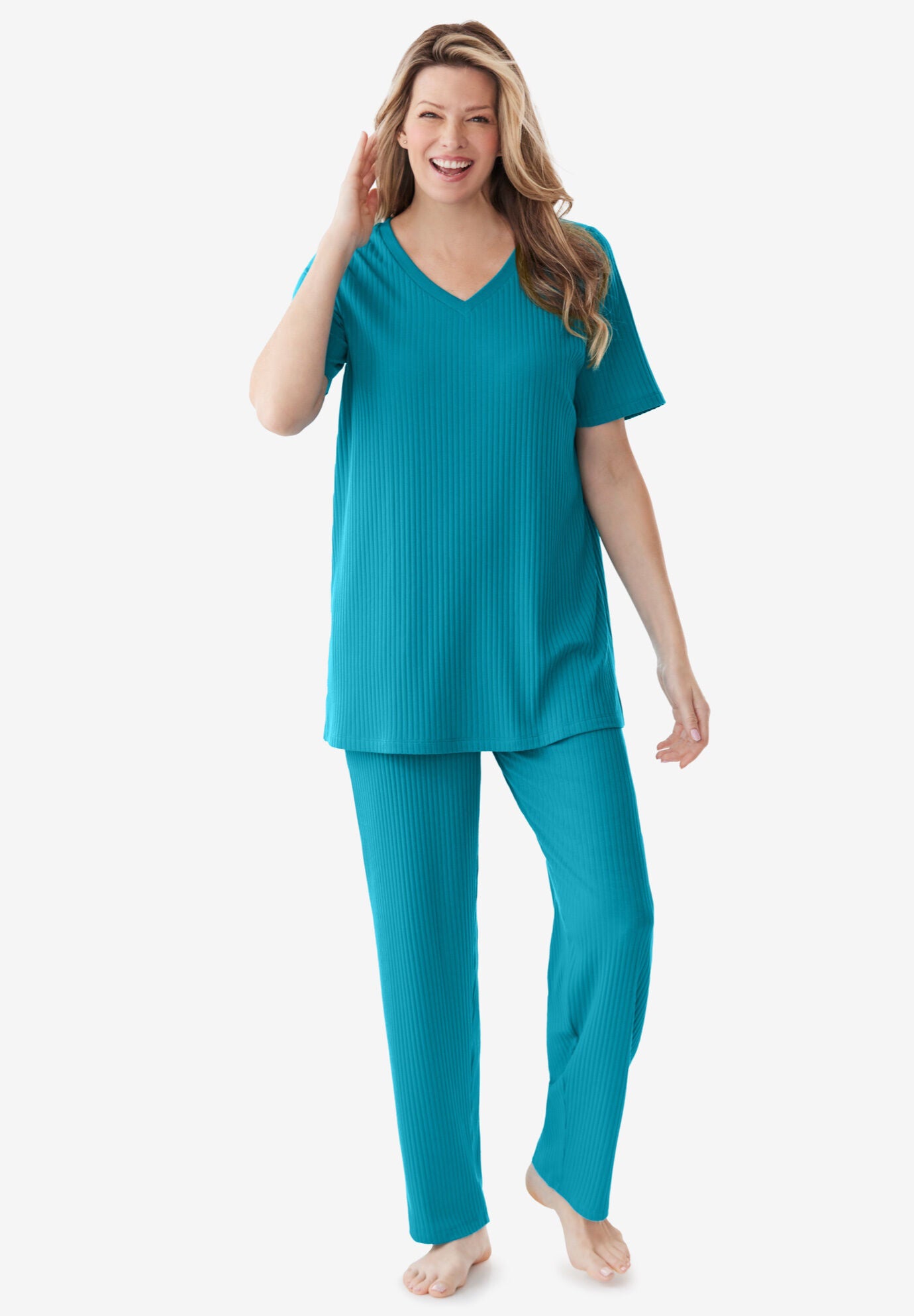 Fashionable 2-Piece Ribbed Sleep Set, Dark Turq | Roaman's