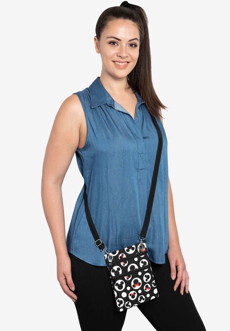 Disney Mickey & Minnie Mouse Passport Bag All-Over Print Travel Crossbody Purse, BLACK, hi-res image number null