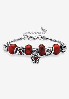 Bali Style Red Crystal Charm 8" Bracelet in Silvertone