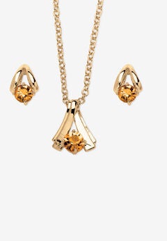 Simulated Birthstone Solitaire Pendant and Earring Set with FREE Gift in Goldtone, Boxed