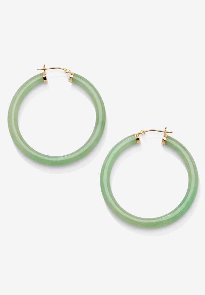 10K Yellow Gold Hoop Earrings (45Mm) Round Genuine Green Jade, , on-hover image number 1