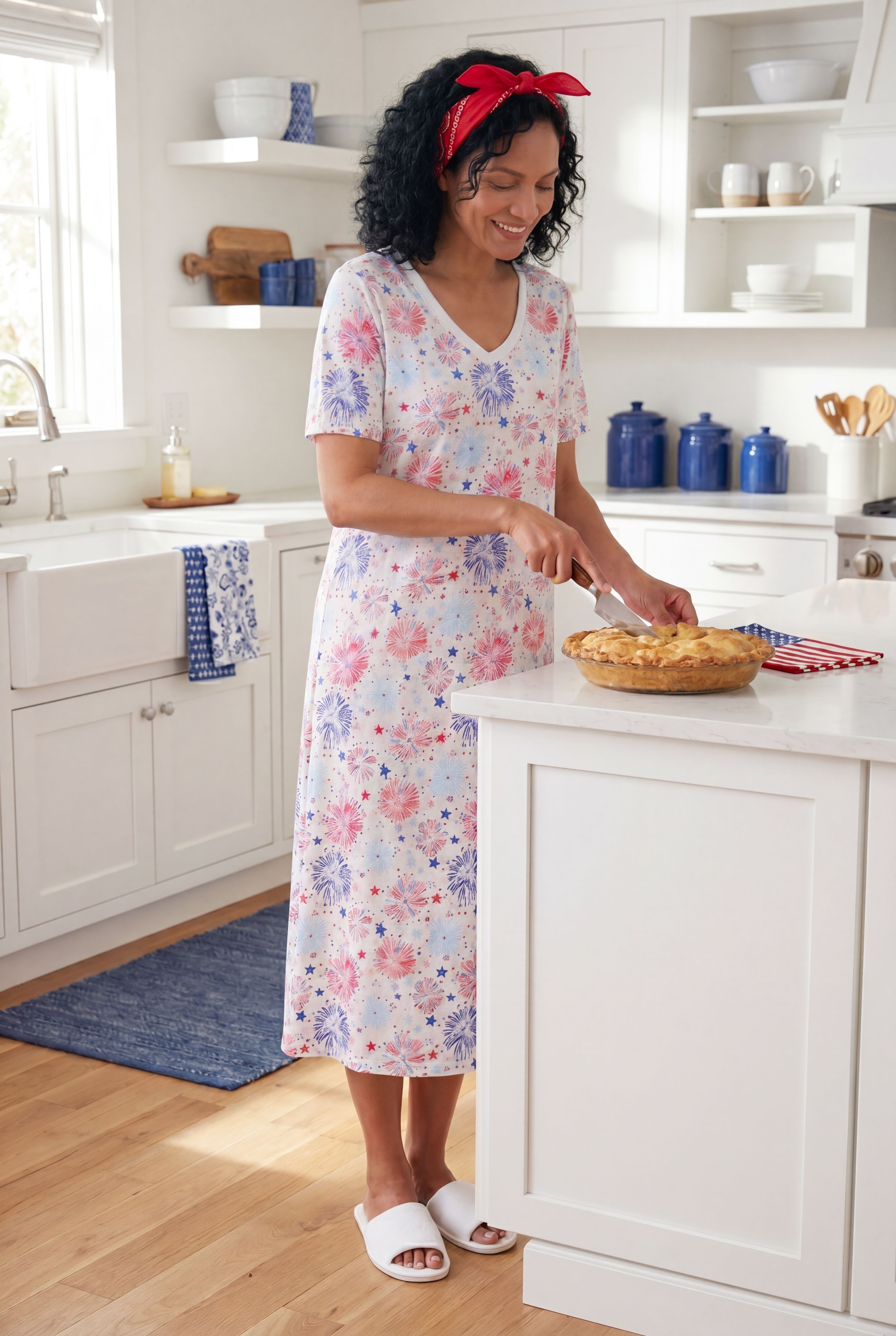 V-Neck Short Sleeve Midi Cotton Sleep Shirt, , alternate image number 8