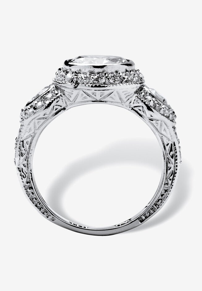 Sterling Silver Cubic Zirconia Vintage Style 3-Stone Bridal Ring, , on-hover image number 1