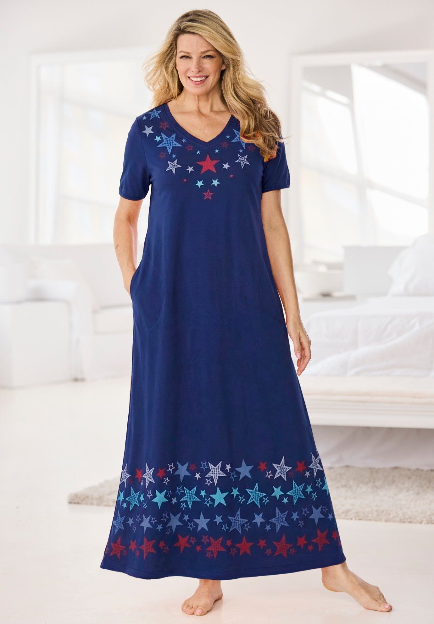 V-NECK SHORT SLEEVE MAXI LOUNGER, NAVY DANCING STARS, hi-res image number 0
