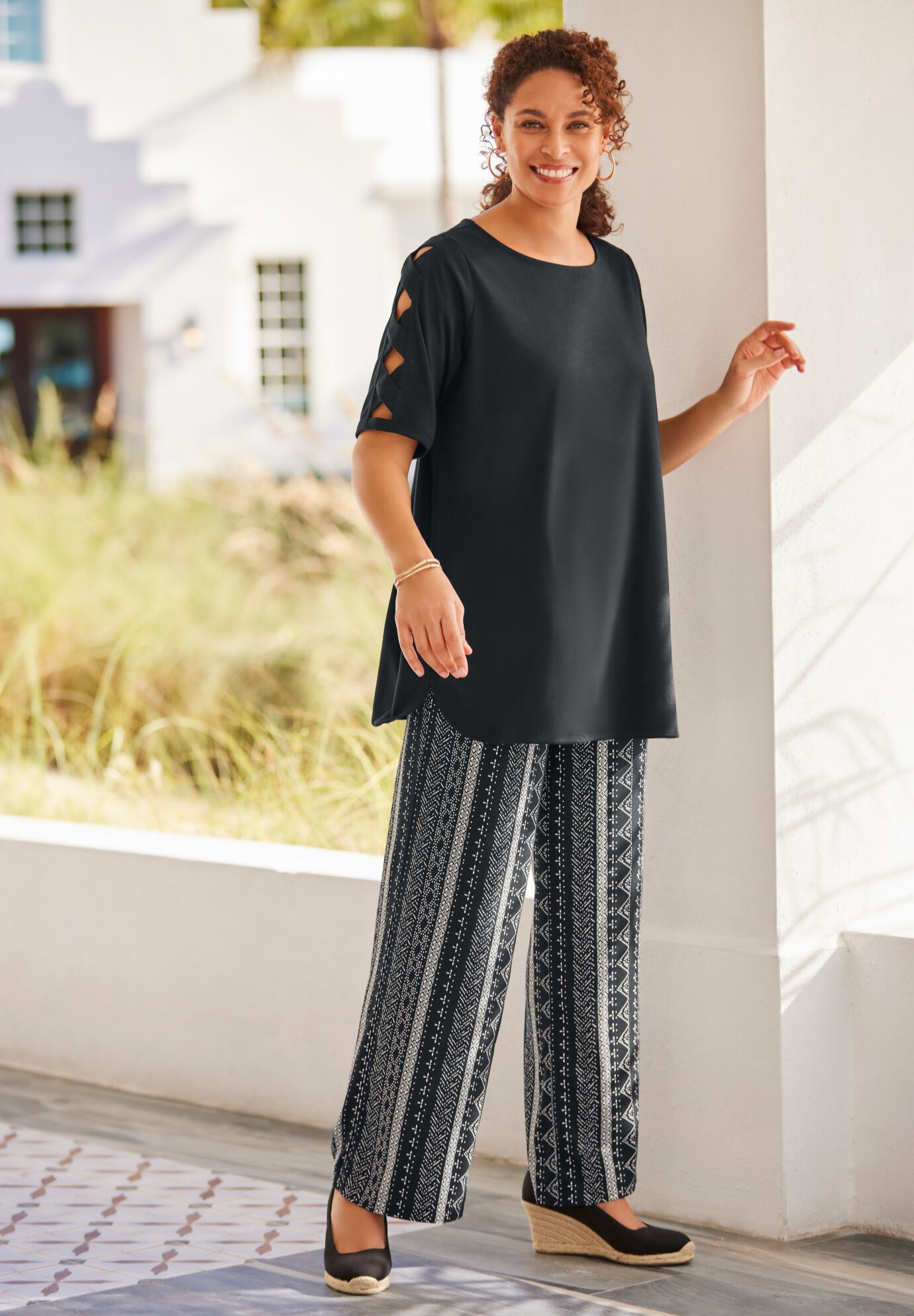 Pull-On Elastic Waist Soft Pants, BLACK BATIK STRIPE, alternate image number 3