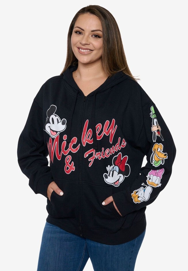 Women's Disney Mickey & Friends Hoodie Sweatshirt Black Zip Up, BLACK, alternate image number 2