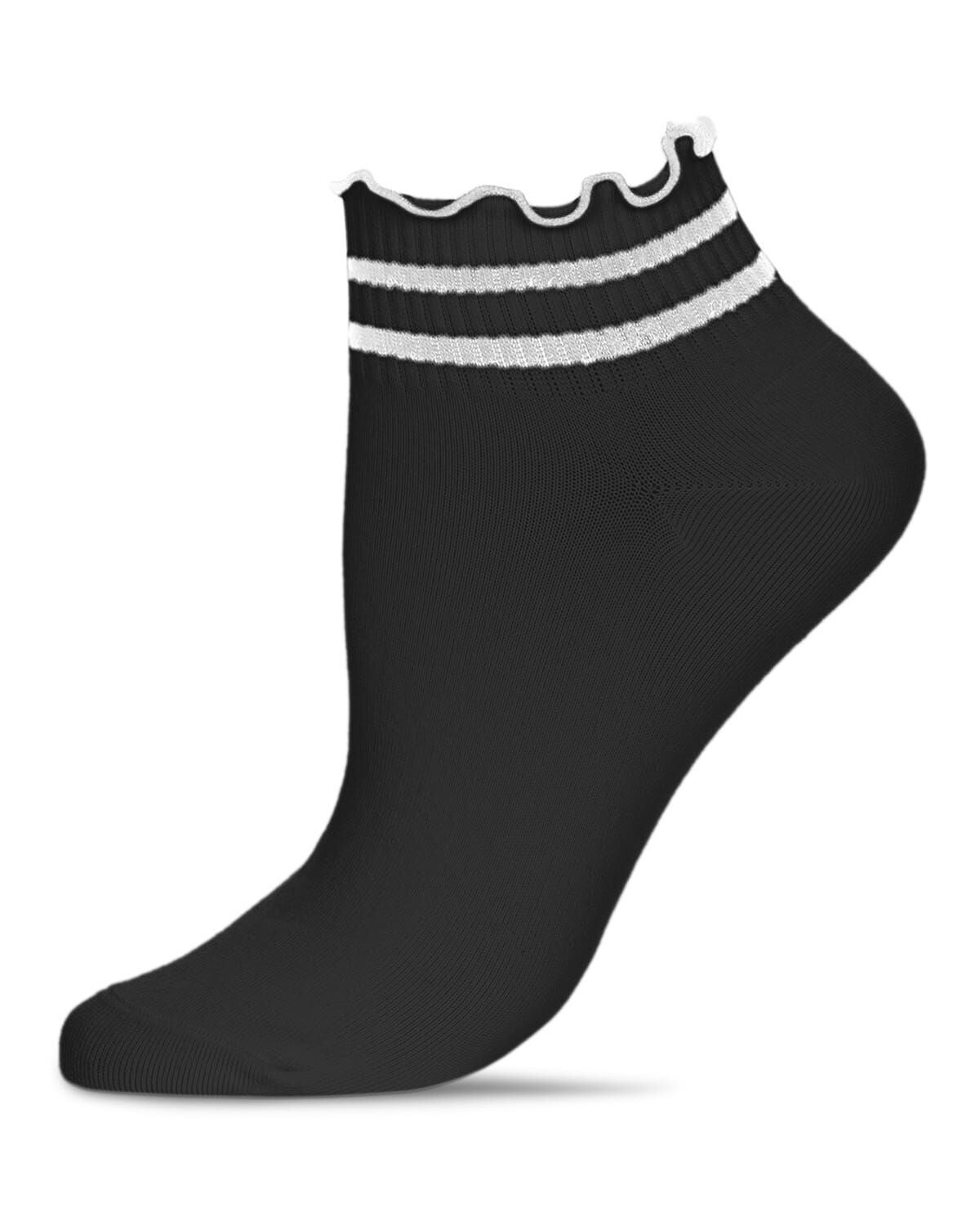Women's Combed Cotton Ruffle Stripe Low Cut Shortie Socks, BLACK, hi-res image number 0