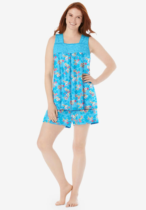 Lace-Trim Short Pajama Set , CARIBBEAN BLUE SHADOW FLORAL, hi-res image number null