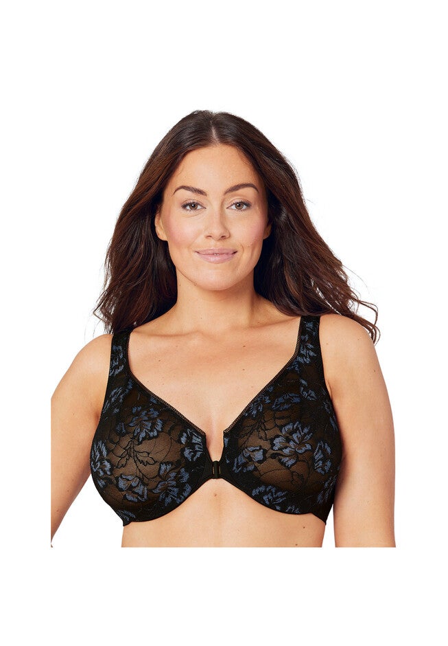 Full Figure Plus Size Lacey T-Back Front-Close WonderWire Bra Underwire 9246, BLACK, hi-res image number 0