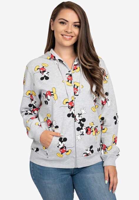 Women's Plus Size Disney Mickey Mouse Zip Hoodie All-Over Print Sweatshirt Gray, GRAY, hi-res image number null