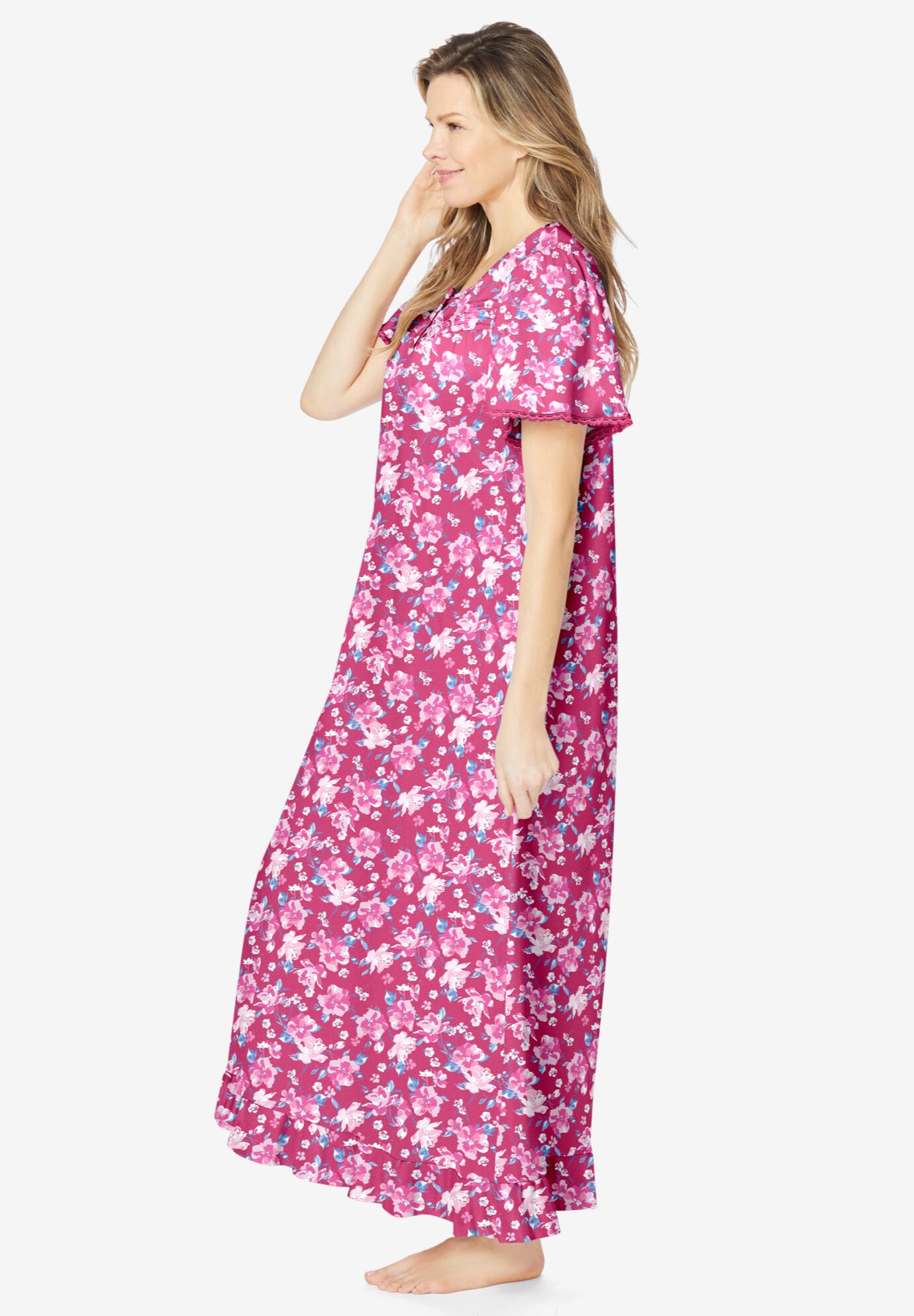 Long Floral Print Cotton Gown, STRAWBERRY ROSES, alternate image number 2