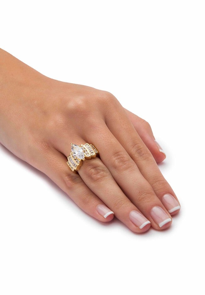 Gold-Plated Marquise Cut Step Top Engagement Ring Cubic Zirconia, , alternate image number 2