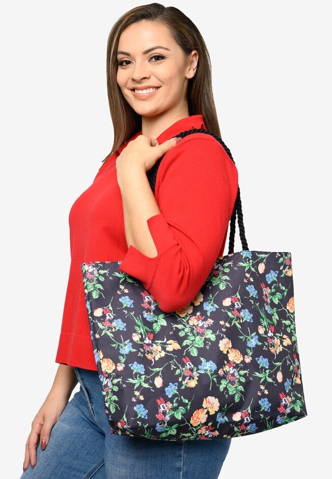 Disney Minnie Mouse Tote Bag Floral All-Over Print Rope Handles, BLACK, hi-res image number 0