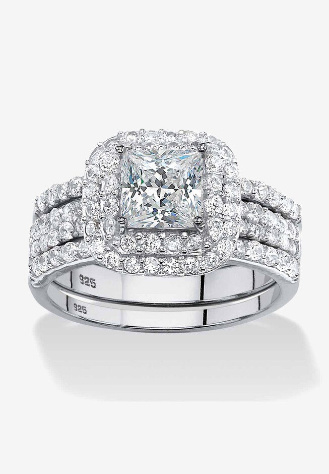 Platinum Over Sterling Silver Cubic Zirconia Halo 3-Piece Bridal Set, CUBIC ZIRCONIA, hi-res image number 0