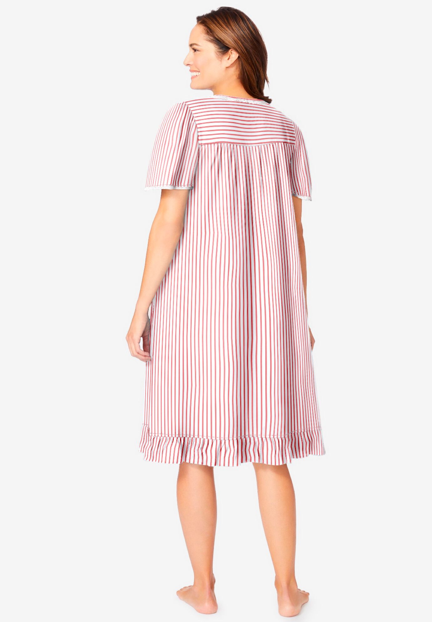 Short Floral Print Cotton Gown, RED WHITE STRIPE, on-hover image number 1