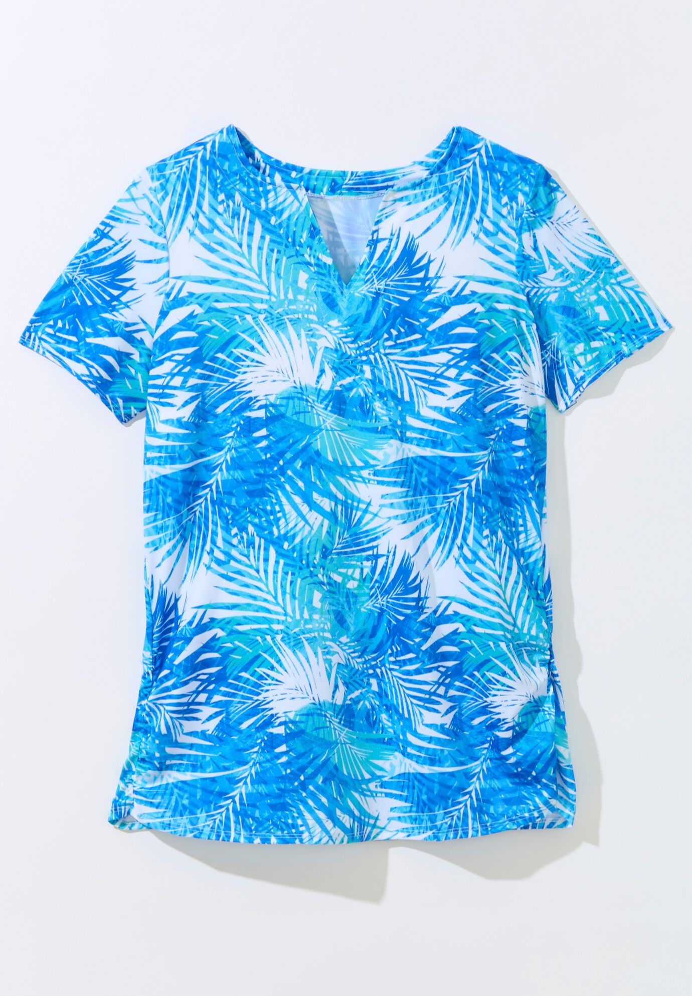 Split-Neck Short-Sleeve Swim Tee with Built-In Bra, BLUE MULTI LEAVES, alternate image number 2
