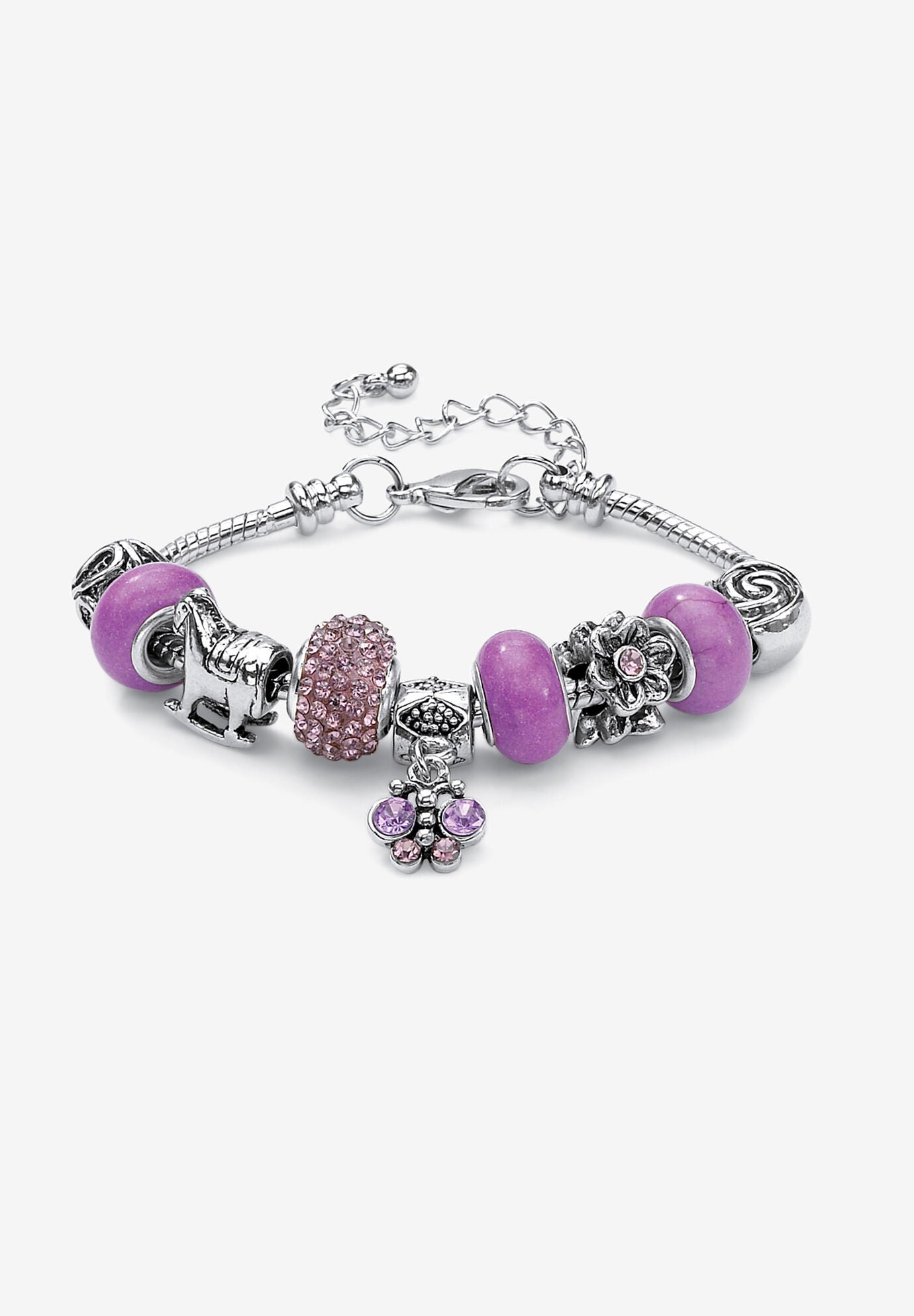 Bali Style Red Crystal Charm 8 inches Bracelet in Silvertone, OCTOBER, hi-res image number 0