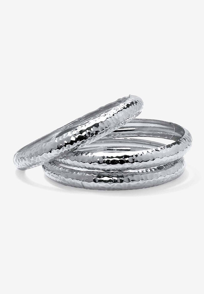 Silvertone Hammered 3 Piece Stack Bracelet Set, 8.5 inches, SILVER, hi-res image number 0