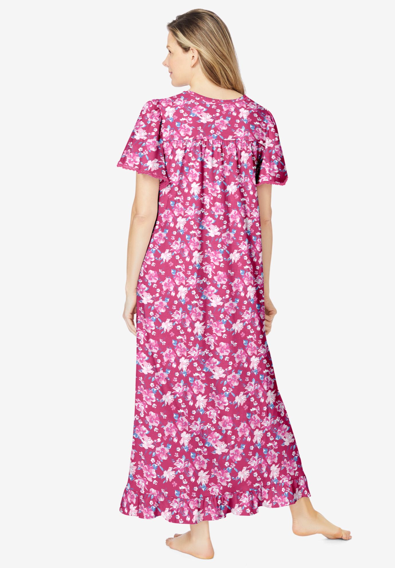 Long Floral Print Cotton Gown, STRAWBERRY ROSES, on-hover image number 1