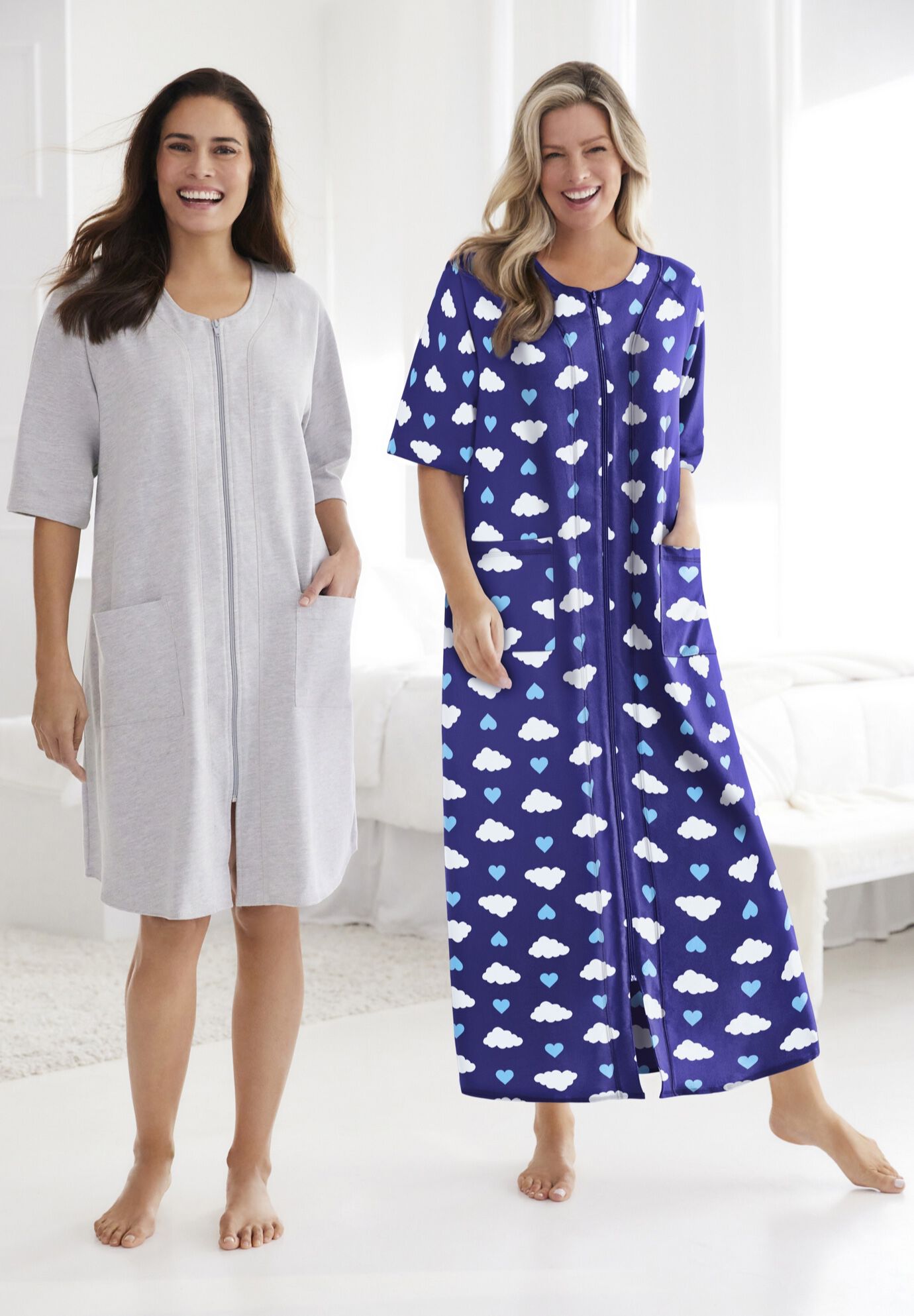 Fashionable Long French Terry Zip-Front Robe, Black | Roaman's