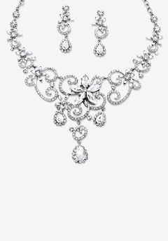 Silver Tone Swirl and Flower Bib Necklace and Bracelet Set, Crystal