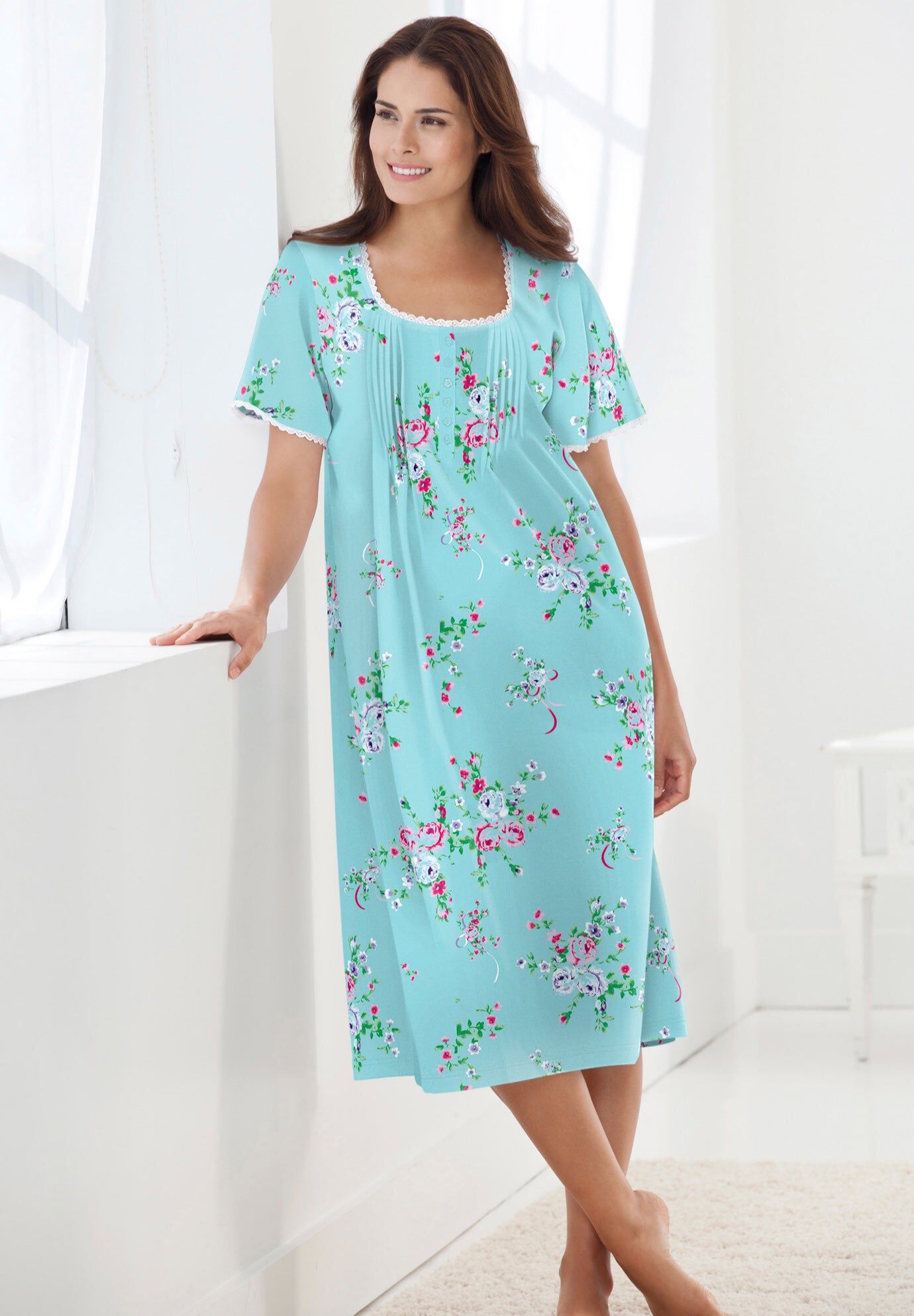 Short Pintuck Knit Gown, GREEN FLORAL, hi-res image number 0