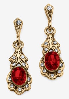 Gold Tone Antiqued Oval Cut Simulated Birthstone Vintage Style Drop Earrings