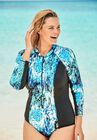 Zip-Front Colorblock Swimsuit, BLUE ABSTRACT, hi-res image number null