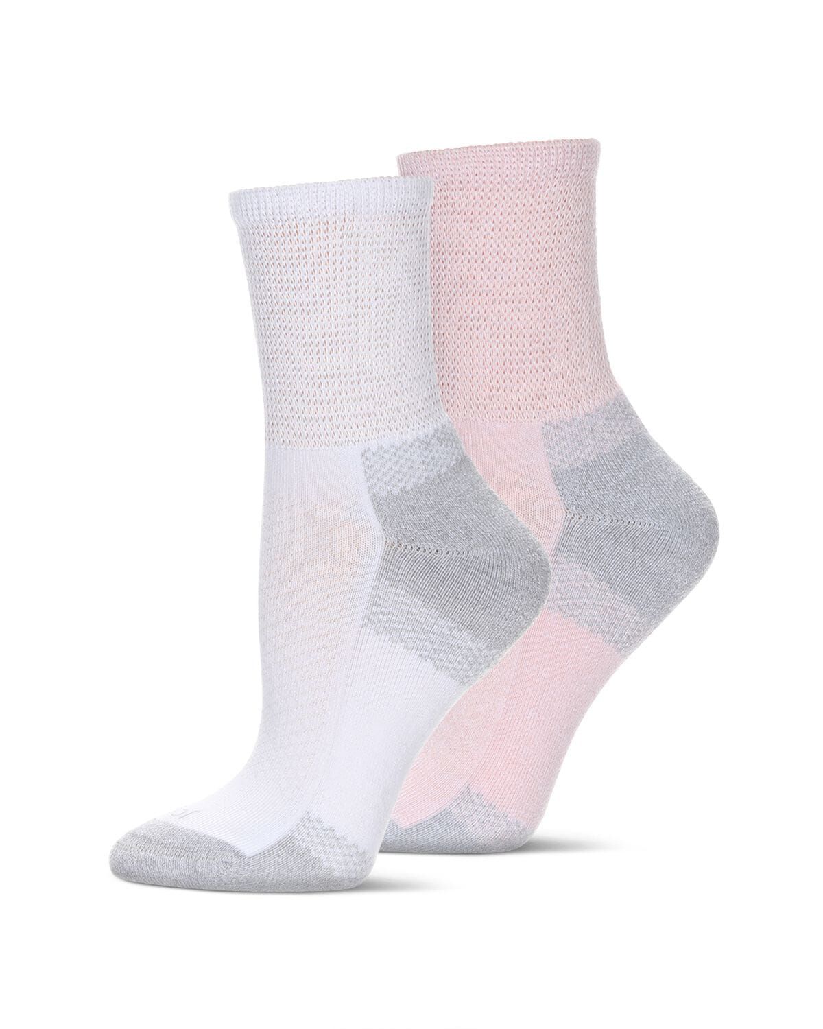 2 Pair Pack Unisex Diabetic Half Cushion Quarter Socks, PINK WHITE, hi-res image number 0