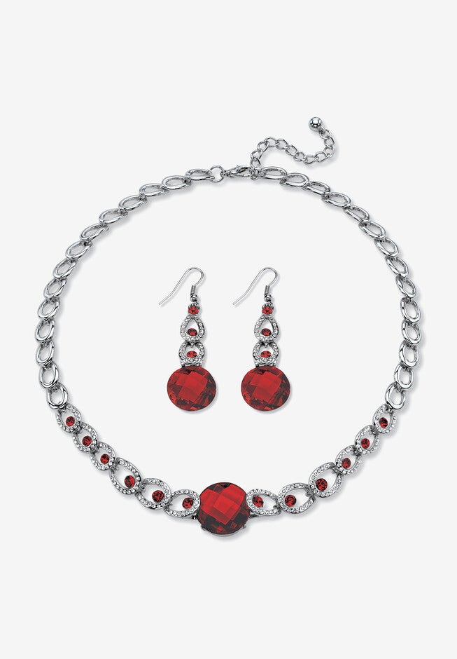 Silver Tone Collar Necklace and Earring Set, Simulated Birthstone, JANUARY, hi-res image number 0