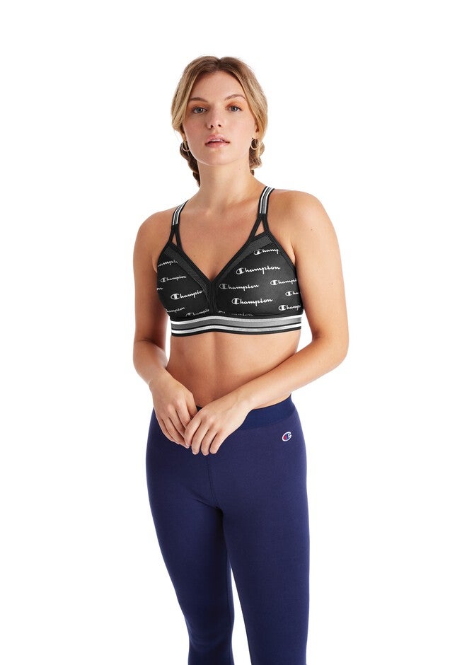 Women Curvy Strappy Sports Bra - Print, SOLID SCRIPT BLACK, hi-res image number 0