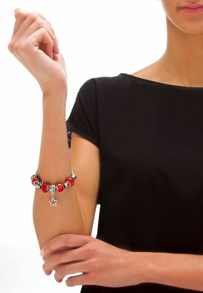 Bali Style Red Crystal Charm 8 inches Bracelet in Silvertone, , alternate image number 2